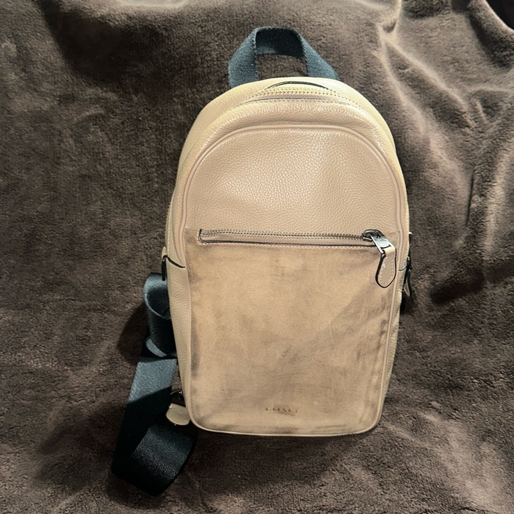 COACH METROPOLITAN: TAN, ONE STRAP SUEDE/LEATHER BACKPACK.